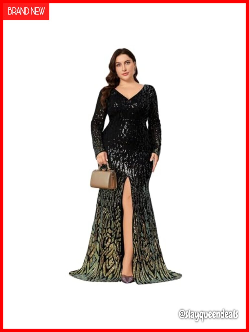 Plus Size Sequin Maxi Dress Long Sleeve V-Neck Formal Cocktail Mermaid Gown